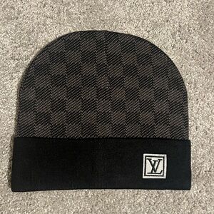 Louis Vuitton Black & Brown Checker Knit Beanie with LV Patch